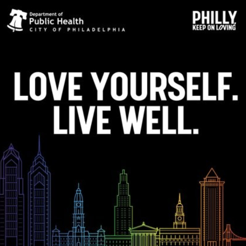 philly skyline with the words "love yourself, live well"